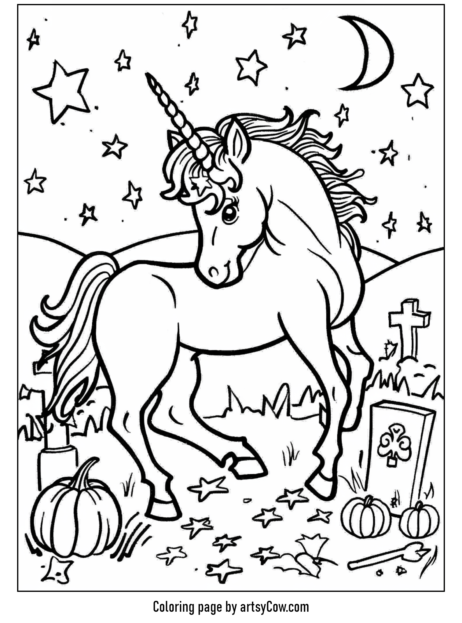 halloween coloring pages with unicorn featuring a unicorn playfully trotting in a graveyard under a starry sky, with pumpkins and gravestones.